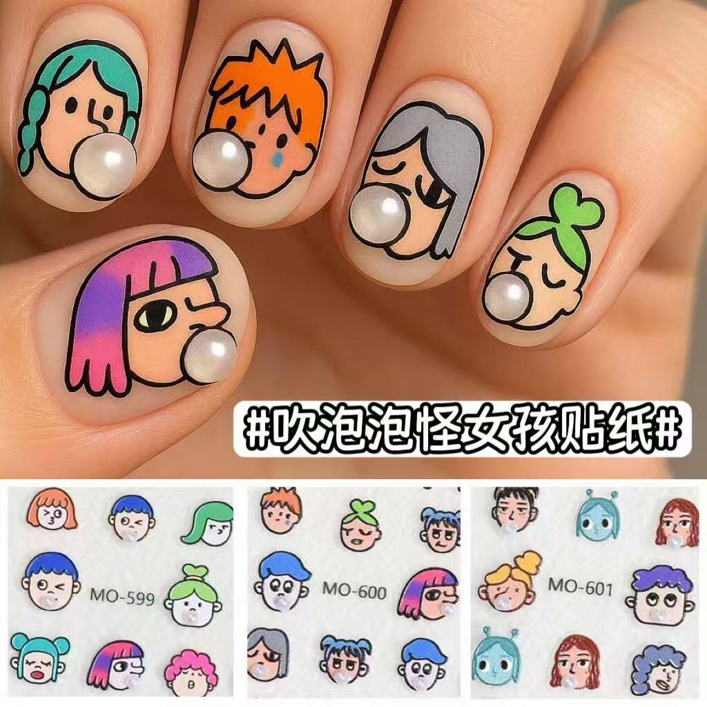 新款立体吹泡泡的怪女孩美甲贴纸
