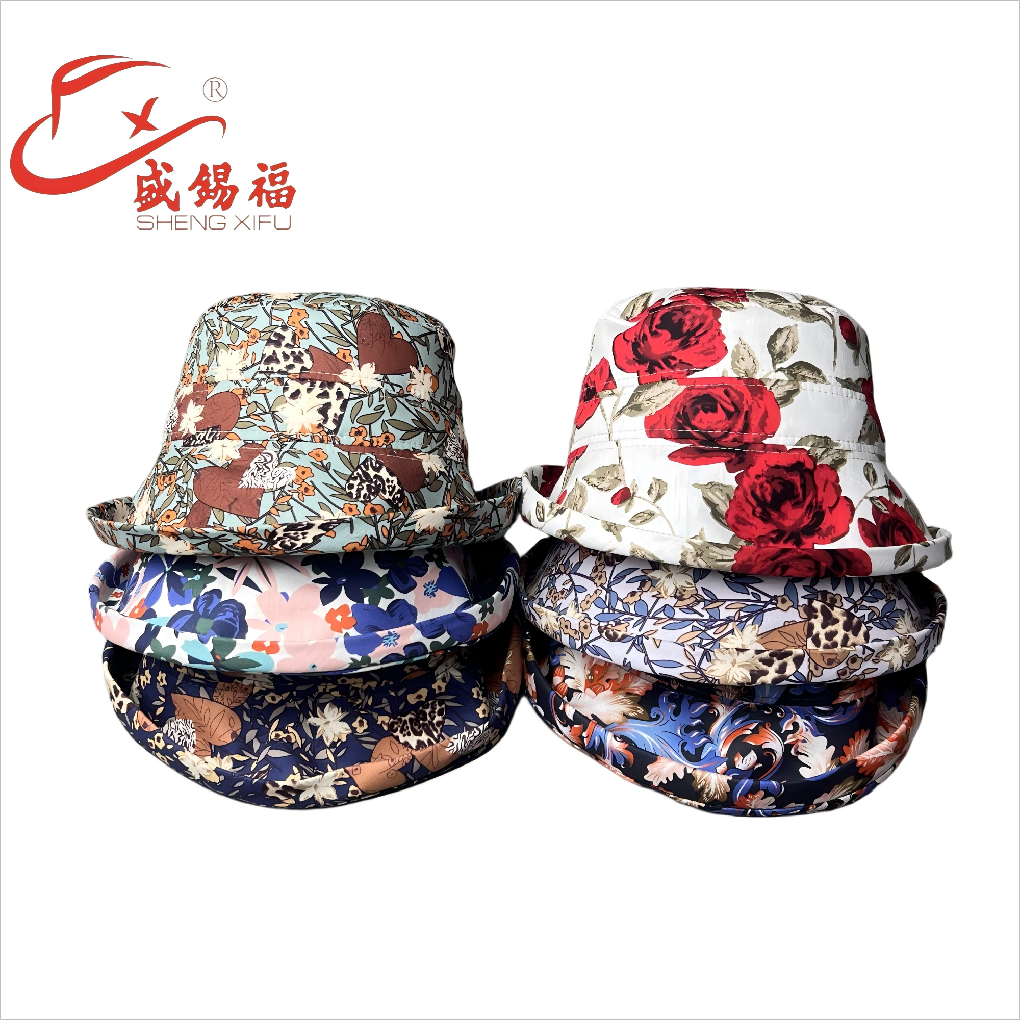 印花渔夫帽女款花朵图案百搭水桶帽