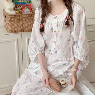 休闲宽松家居服 little puggy卡通款 睡衣女纯棉七分袖 温柔圆领开衫