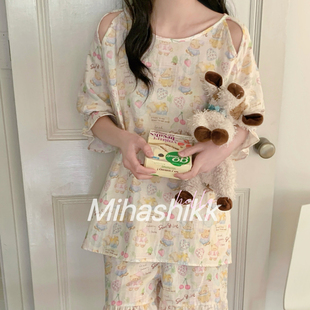 家居服 全棉睡衣女夏庄园小熊纯棉双层棉纱布慵懒休闲宽松卡通短袖