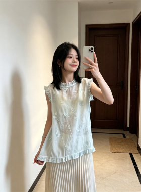 BERUN 甜辣妹蓝色立体花卉刺绣衬衫女装夏季时尚宽松减龄无袖上衣