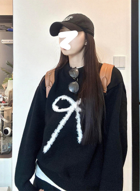 BERUN 慵懒风黑色蝴蝶结长袖套头毛衣女装秋冬宽松软糯针织上衣