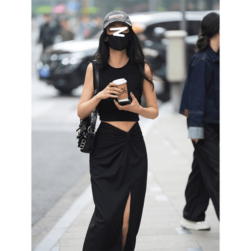 夏季修身高腰开叉半身裙两件套女
