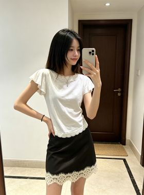 BERUN 纯欲风白色圆领蕾丝花边短袖T恤女高腰显瘦A字包臀短裙套装