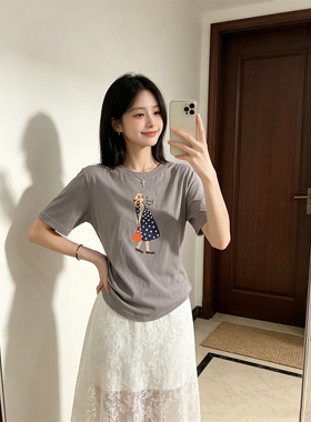 BERUN 复古灰色卡通女孩印花短袖T恤女夏季圆领宽松休闲减龄上衣