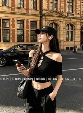 BERUN 黑色性感辣妹交叉镂空挂脖短袖T恤女夏修身显瘦露肩短上衣