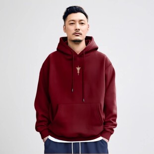 香港潮牌余文乐连帽卫衣男大红色宽松重磅纯棉加绒休闲印花外套