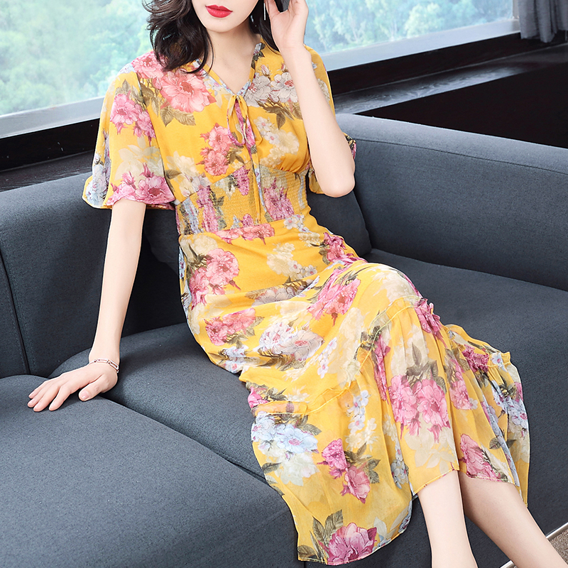 欧巴宝莉安娜女装夏季新品波西米亚丝质印花连衣裙修身飘逸长裙