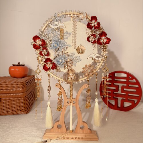 团扇新娘结婚礼喜扇中式秀禾出嫁婚扇高级diy材料包成品扇子淡蓝