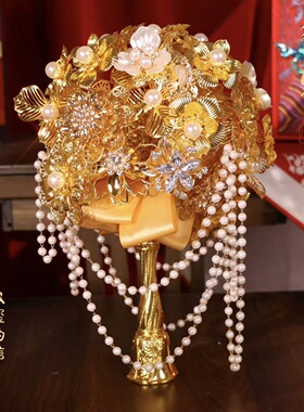 黄金色手捧花新娘结婚团扇礼物婚礼diy新婚秀禾闺蜜高级中式权杖
