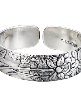 并蒂莲民族风表白银手镯送女友