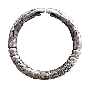 守忆双龙柱体满雕银手镯定制双响环99纯银个性霸气复古男士银镯子