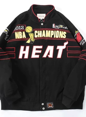 2025新款热火队欧美潮牌帅气春秋男女棒球服宽松夹克刺绣拼接外套