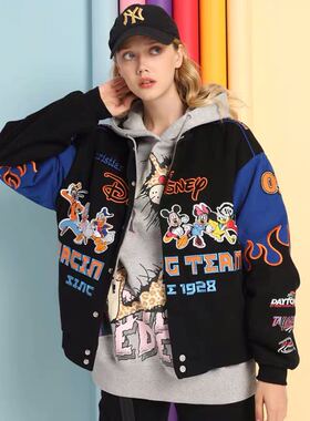 DUDACK2024新款欧美潮牌纯棉短款夹克女古着bf港风宽松棒球服外套