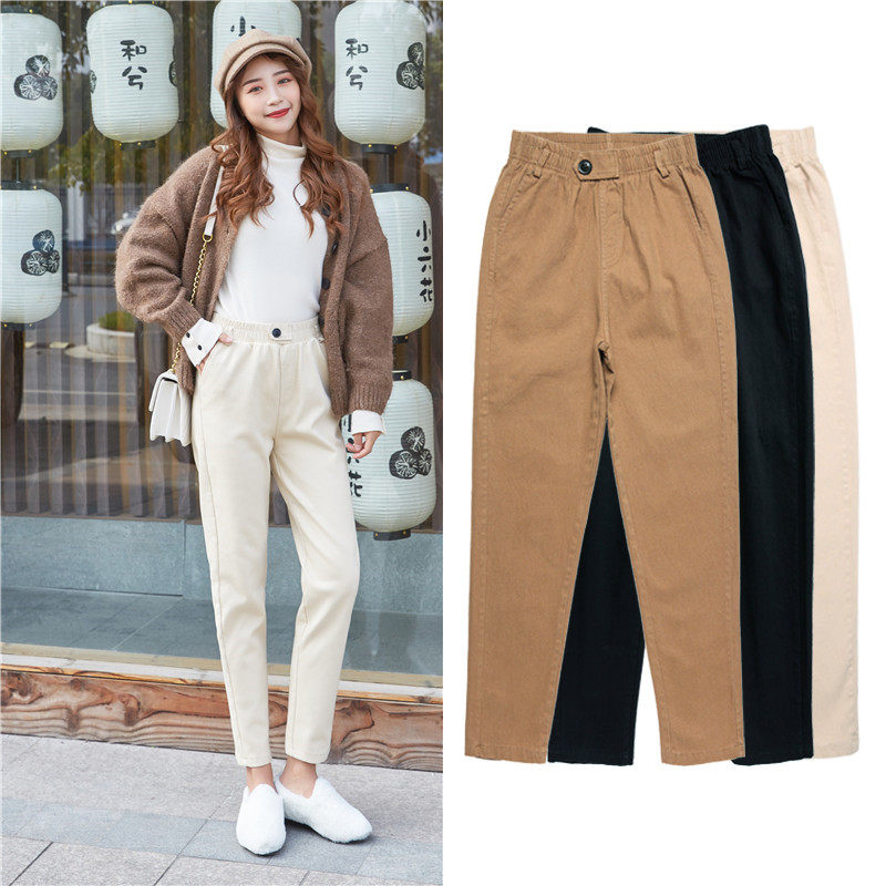裤子女2020新款秋冬宽松显瘦高腰老爹长裤百搭直筒哈伦加绒休闲裤