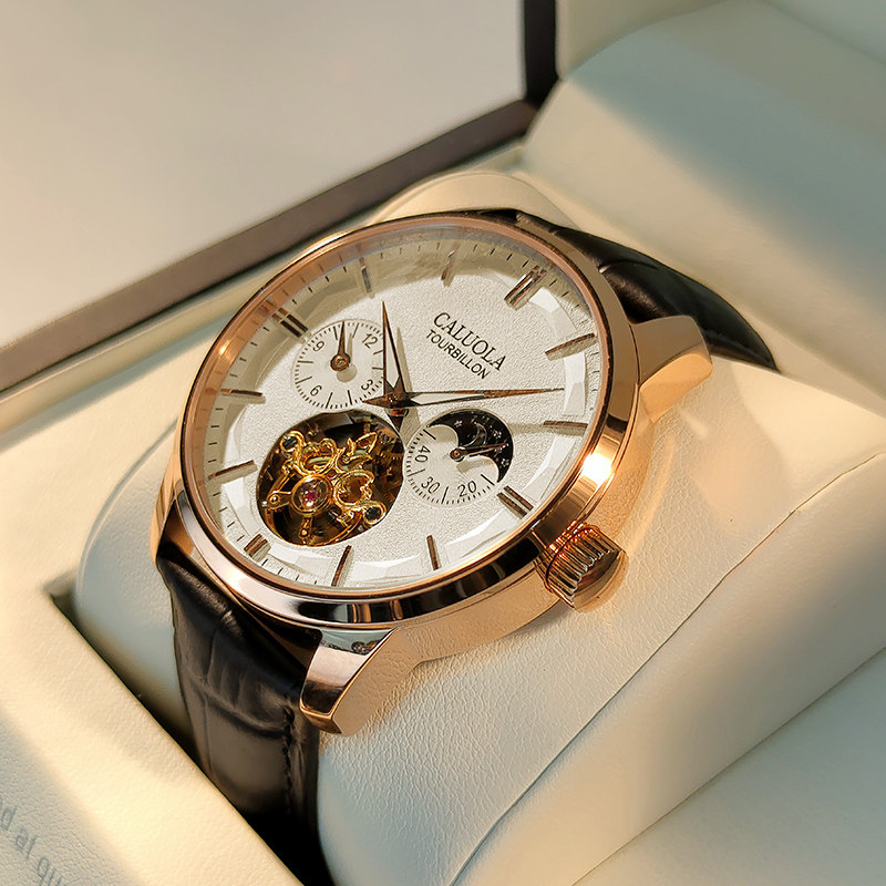 卡罗莱全自动机械表休闲男士手表镂空正品牌十大飞轮防水真皮男表