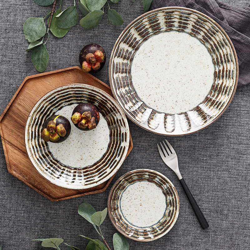 筋纹仿粗陶做旧日本进口家用盘子