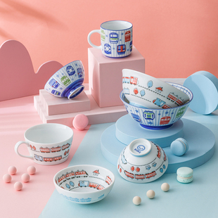 儿童餐具套装日式家用可爱卡通陶瓷碗盘子碗具水杯牛奶杯马克杯子