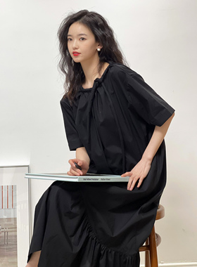 03/21 艺术系学姐 森系宽松舒适系带褶皱鱼尾纯棉春夏懒人连衣裙