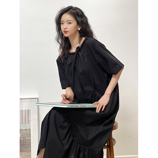 03/21 艺术系学姐 森系宽松舒适系带褶皱鱼尾纯棉春夏懒人连衣裙