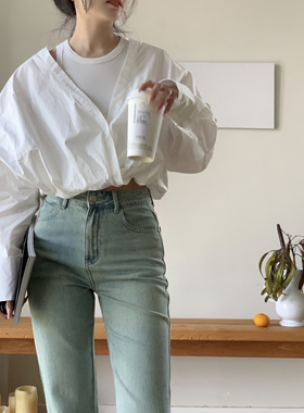 1012 巴黎日常 白色v领设计感小众衬衫女假两件百搭上衣新款衬衫