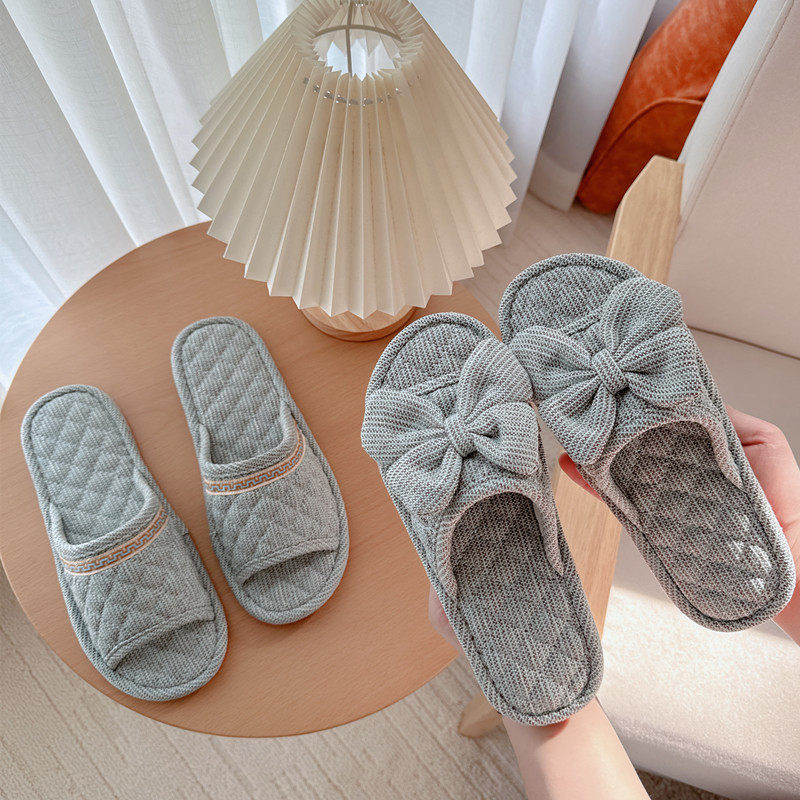 蝴蝶结亚麻情侣家居地板无声软底拖鞋男女室内牛筋底防滑露趾四季