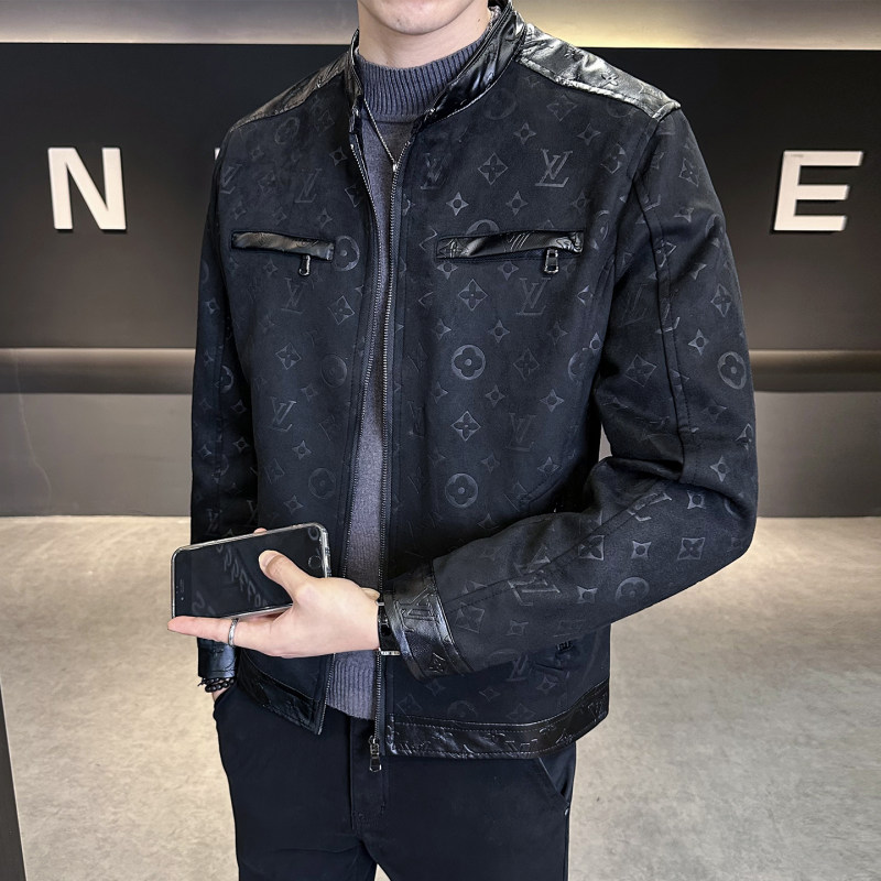 外套男春秋款2026新款高级感痞帅立领暗花拼皮麂皮绒夹克休闲上衣
