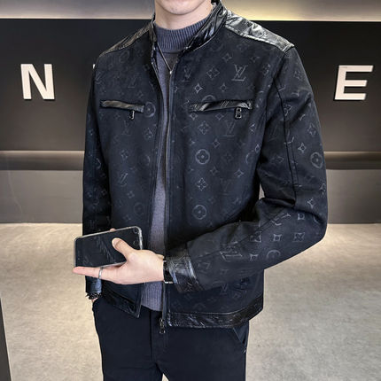 外套男春秋款2026新款高级感痞帅立领暗花拼皮麂皮绒夹克休闲上衣