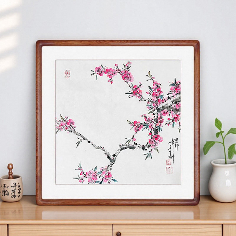 国画桃花纯手绘真迹客厅装饰画写意花鸟画挂画实木框画心卷轴装裱