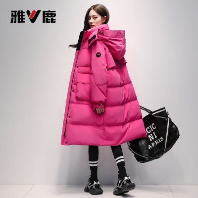 雅鹿连帽长款羽绒服女2025冬季