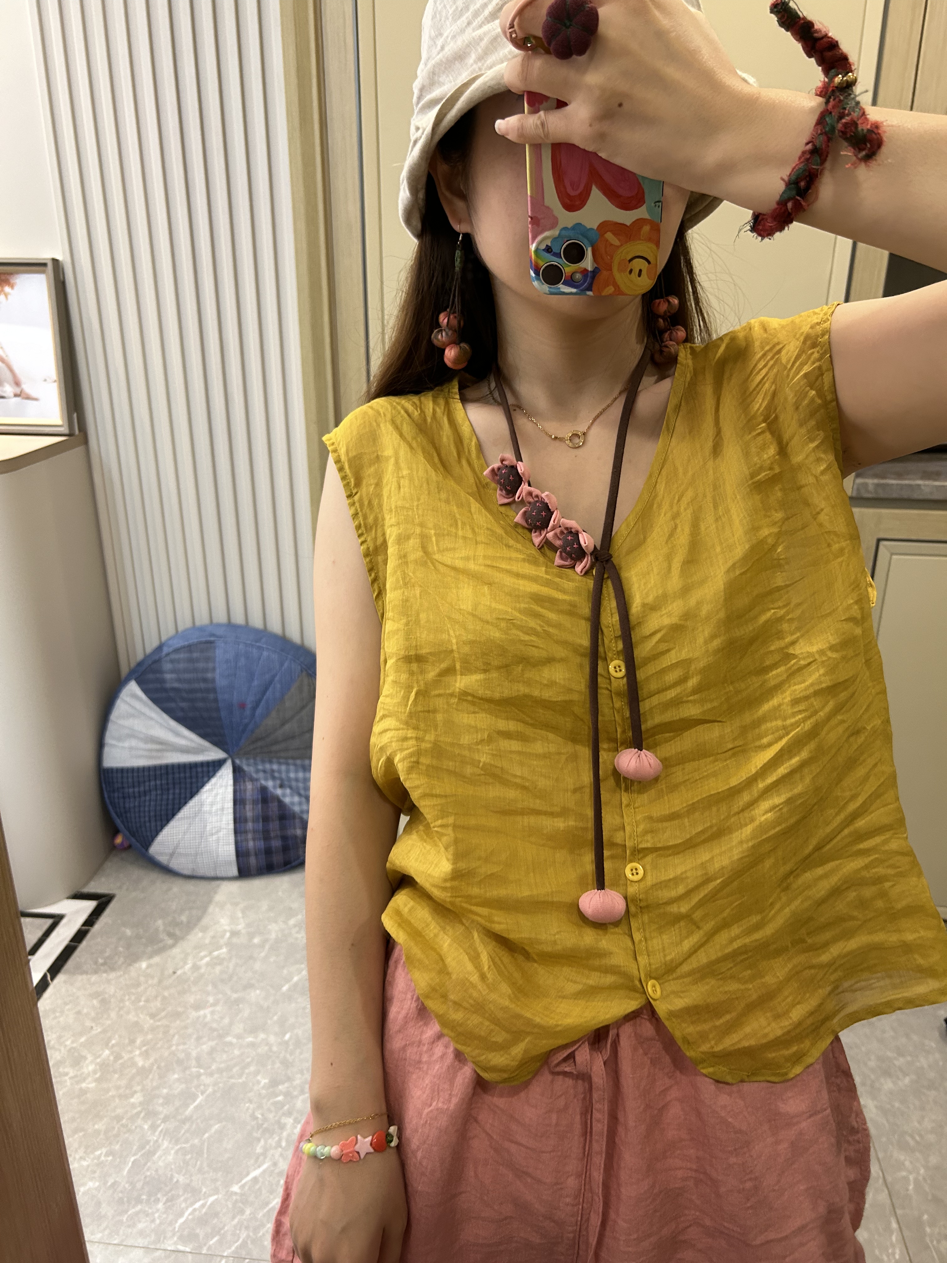 妞妞 新款夏季V领苎麻宽松休闲马夹