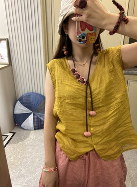 妞妞 新款夏季V领苎麻宽松休闲短款纽扣背心上衣（胸围118衣长55