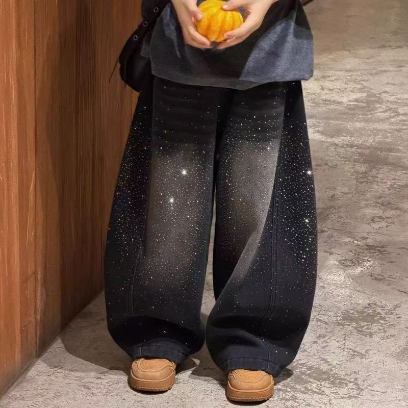 儿童烫钻裤子2026新款加绒加厚冬季爆闪满钻春秋中小童男童牛仔裤图片