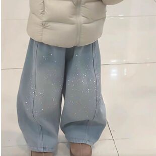女童烫钻裤子2026新款加绒加厚冬季爆闪满钻春秋中小童男童牛仔裤