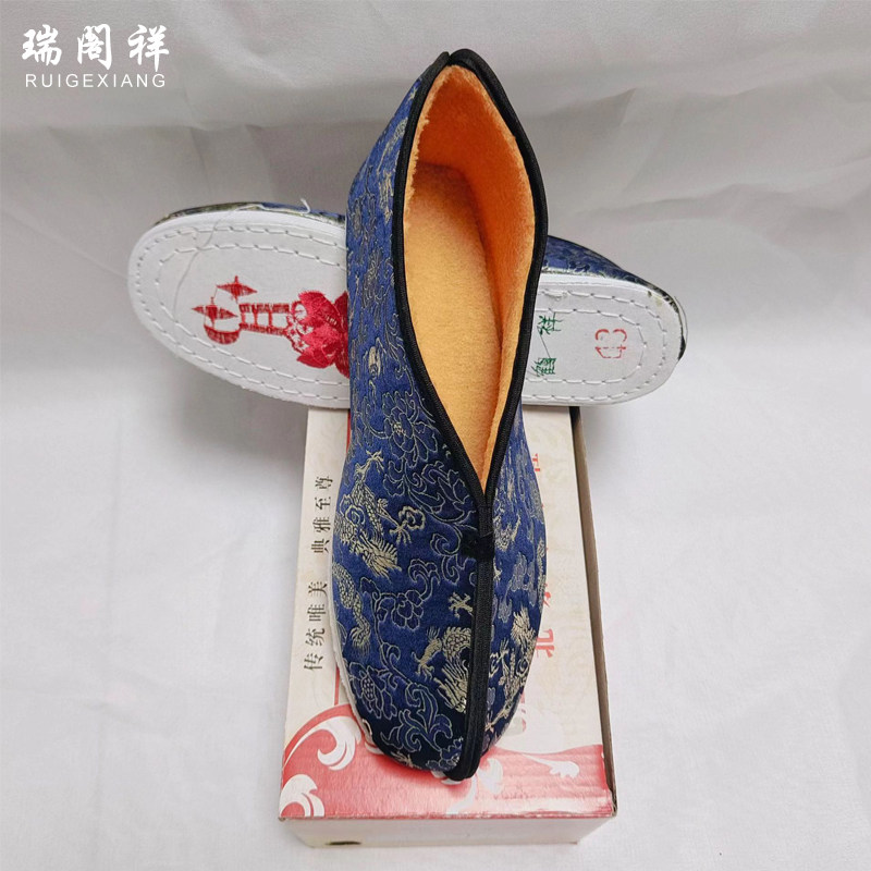 寿鞋男老人冲喜纯棉鞋老北京布鞋千层底大码男士绣花毛呢殡葬配件