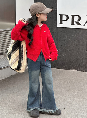 红色上衣女童连帽开衫韩版洋气软糯百搭外套