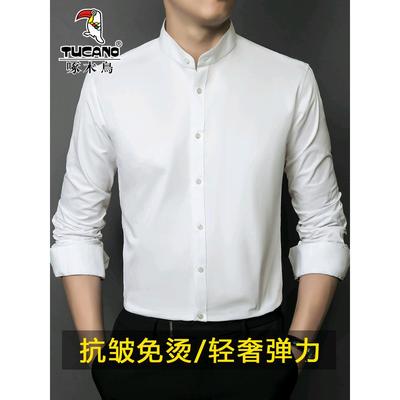 啄木鸟立领衬衫男士2025新款长袖衬衣商务休闲抗皱高级感白色寸衫