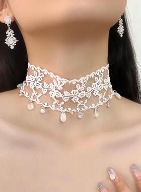 简约项链水滴百搭女白色合金配饰蕾丝流苏颈饰宽颈链布艺气质