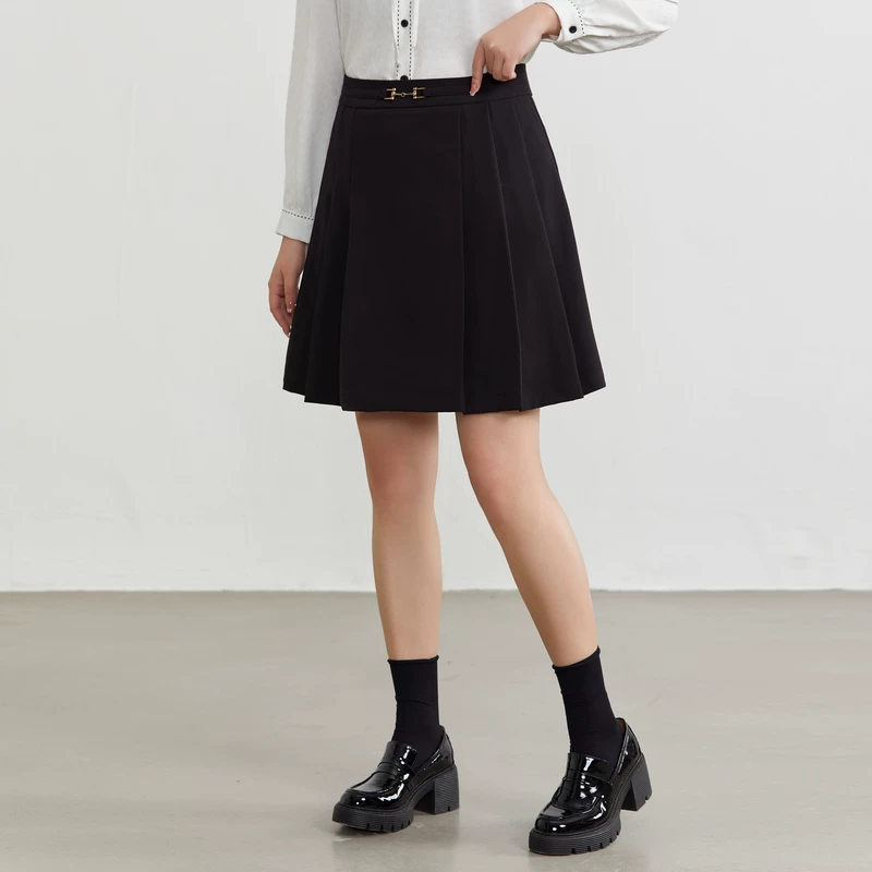 纤莉秀 Fitted pleated skirt, spring mini-skirt, plus size, high waist, A-line