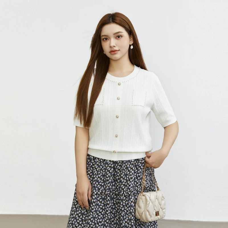 纤莉秀 Sophisticated knitted sweater with a round collar, summer clothing, plus size, western style