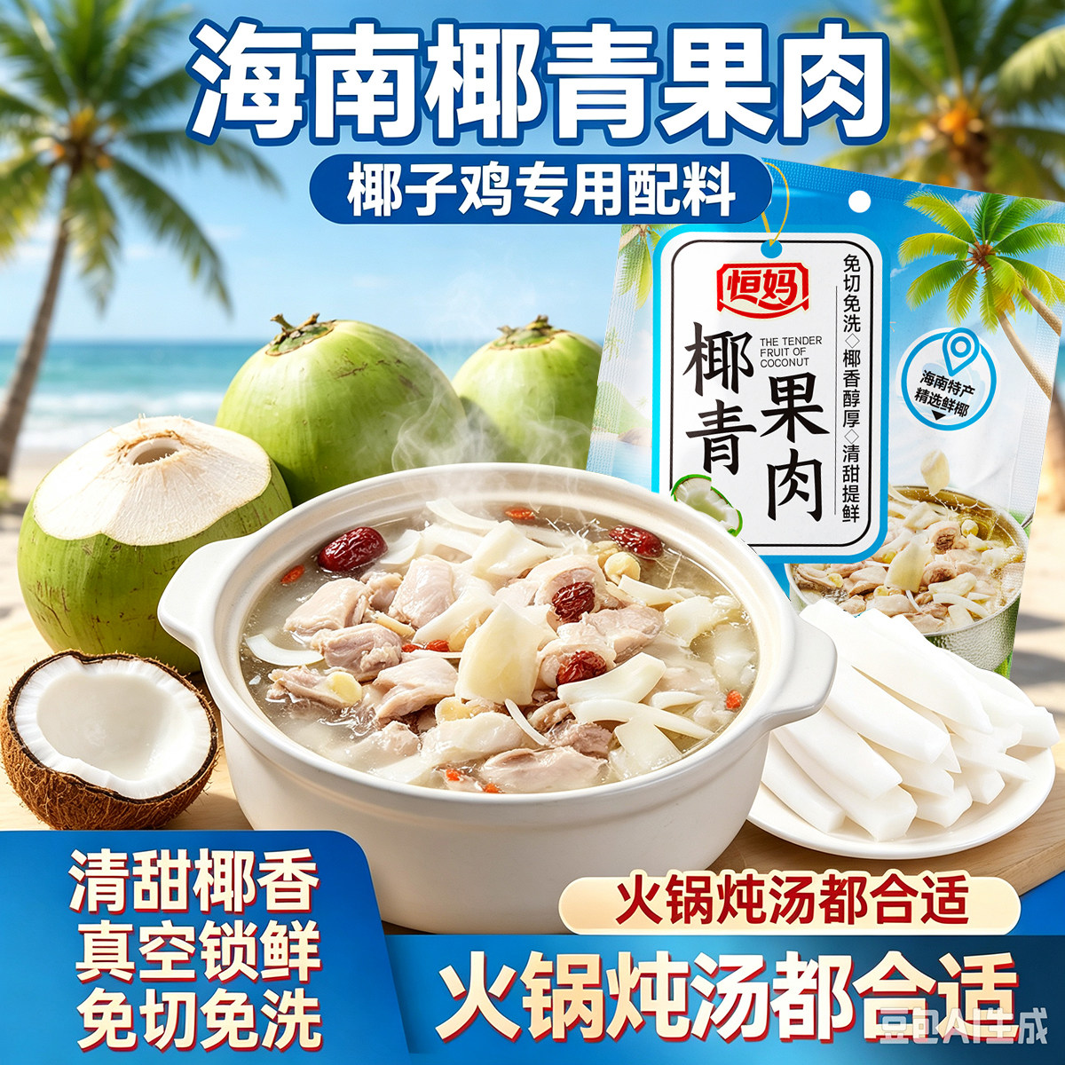 恒妈海南新鲜椰青肉椰子鸡肉专用配料椰片清补凉零食椰奶椰青果肉