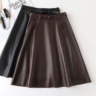 绵羊皮真皮皮裙半身裙女高腰百搭显瘦腰带中长裙OL优雅a字裙新款