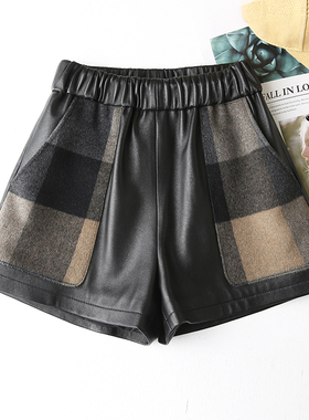 绵羊皮真皮皮短裤女高腰显瘦时尚2025秋冬新款羊毛毛呢口袋短裤女
