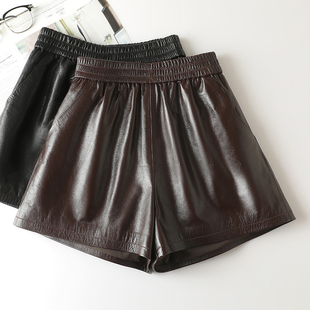 2025秋冬新款 头层牛皮真皮短裤 女高腰a字百搭显瘦外穿松紧皮短裤