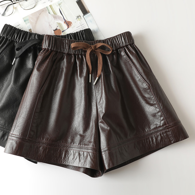 头层牛皮皮短裤女秋冬新款高腰a字真皮短裤百搭抽绳显瘦外穿皮裤