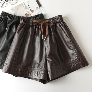 百搭抽绳显瘦外穿皮裤 高腰a字真皮短裤 女秋冬新款 头层牛皮皮短裤