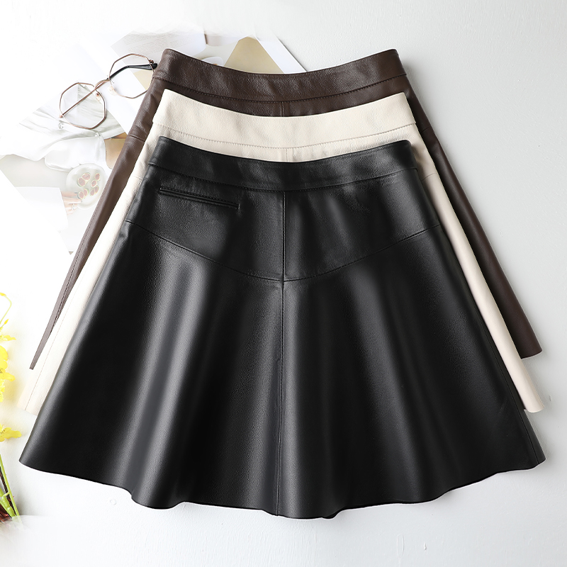 布若岚a字伞裙真皮皮裙