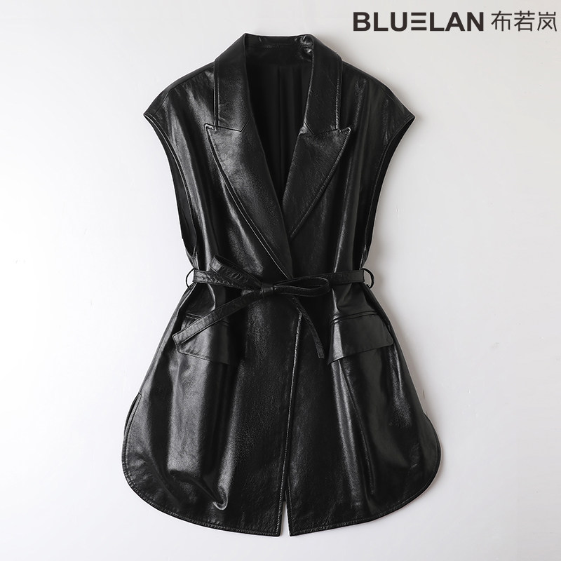 油蜡头层绵羊皮西装领马甲2026新款收腰显瘦长款女士无袖真皮外套