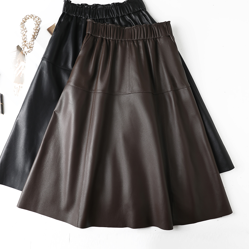 布若岚赫本风a字中长款真皮皮裙