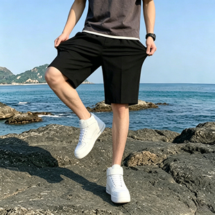 男士高级感黑色短裤直筒宽松五分西裤男坠感休闲西装中裤子男抗皱